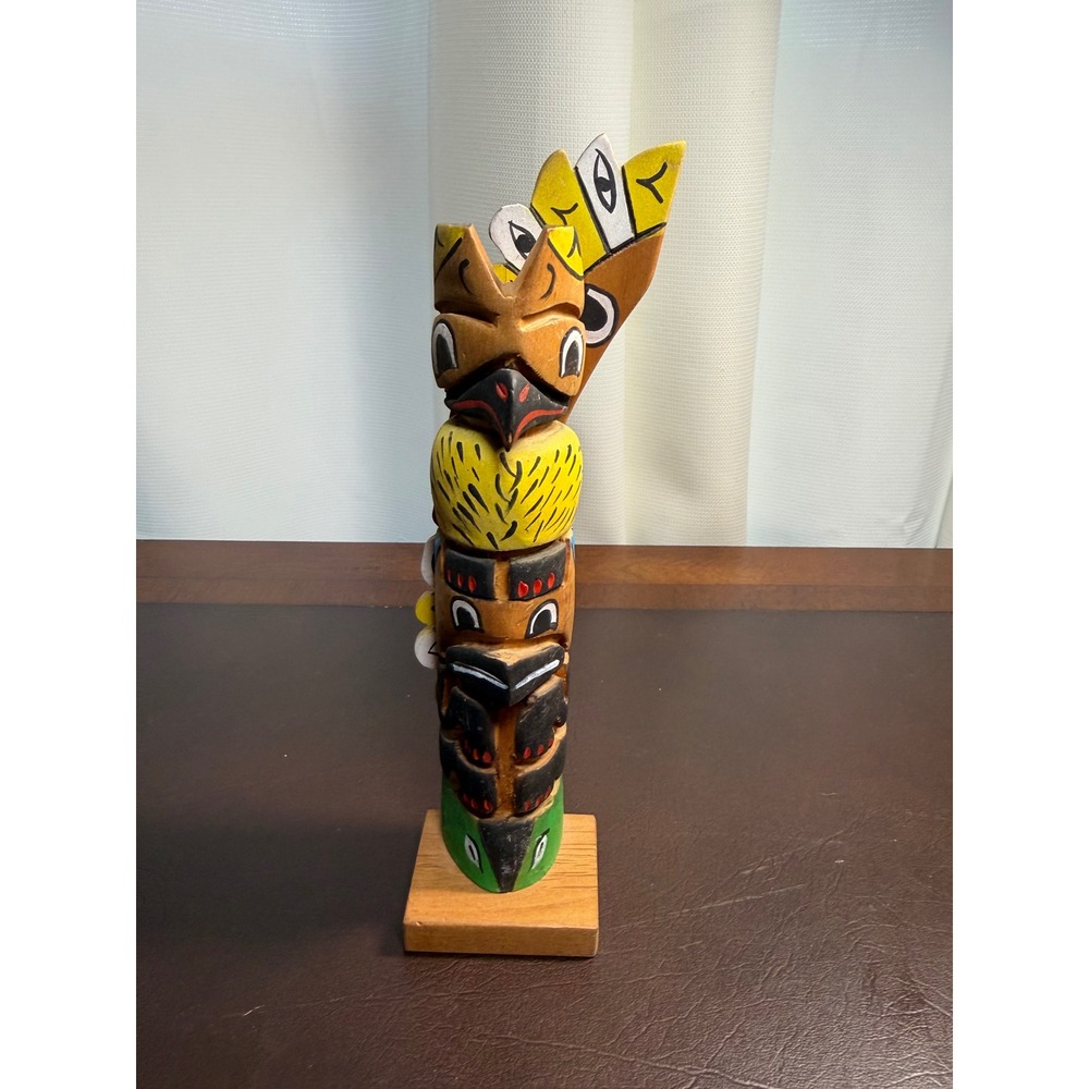 Vintage Hand Carved Painted Wood Totem Pole Souvenir Folk Art HC Signed 9.75in